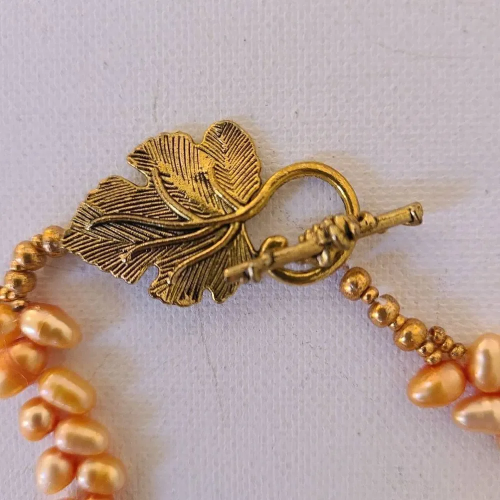 Womens Soft Golden Orange Gold Leaf Closure Double Layer Seed Pearl Necklace